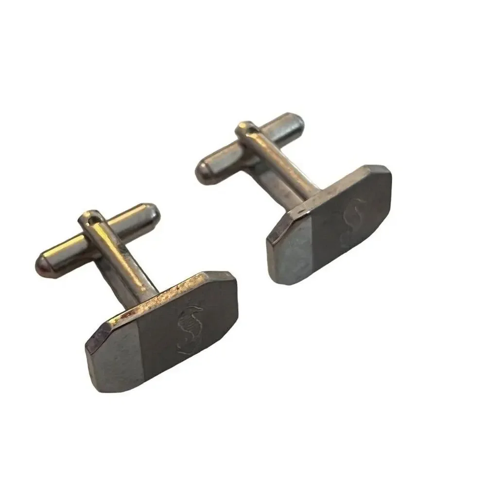 Vintage Silver Tone Seahorse Etched Rectangle Cufflinks